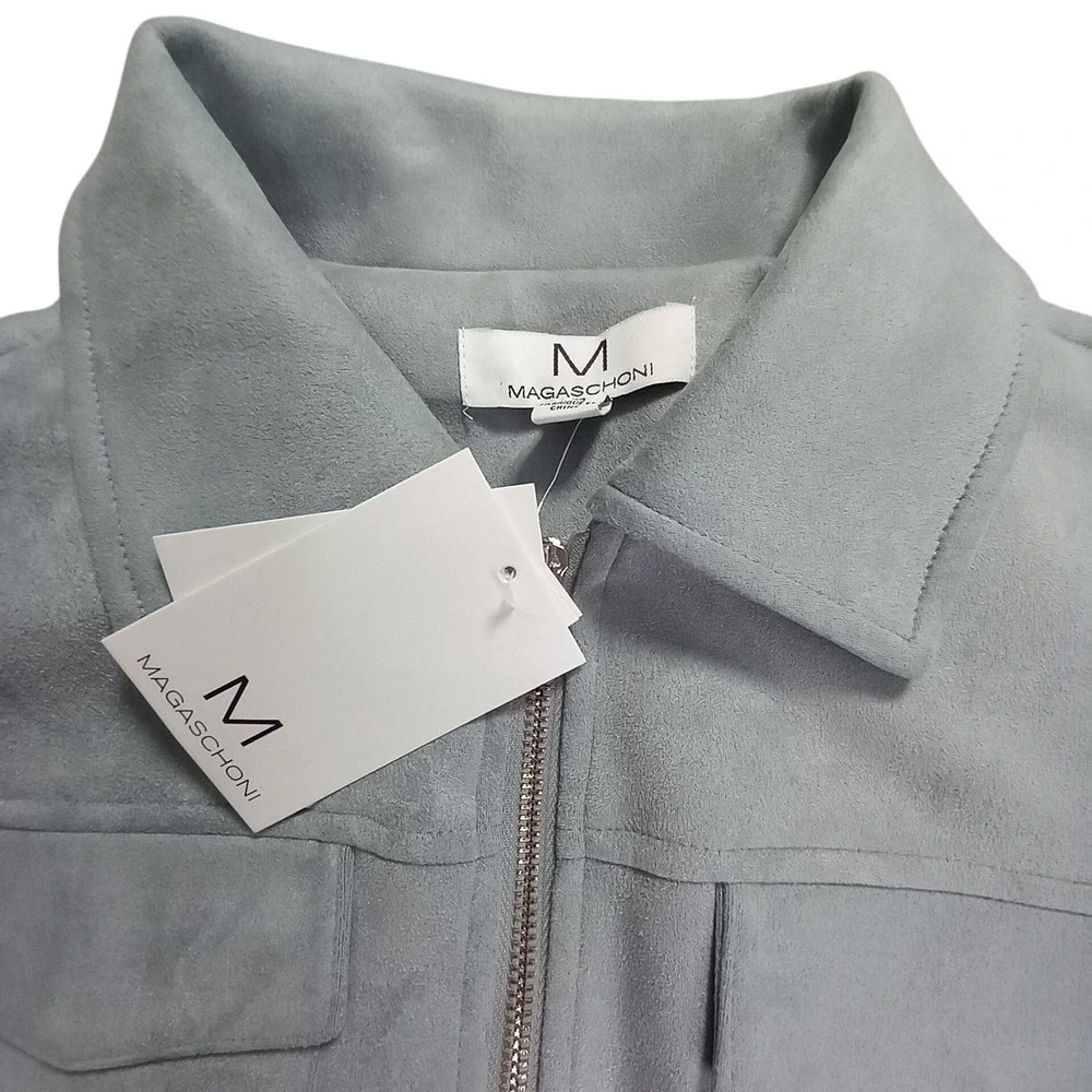 NWT Magaschoni Womens Faux Suede Leather Zip Up Jacket Light Blue Small - Picture 3 of 11